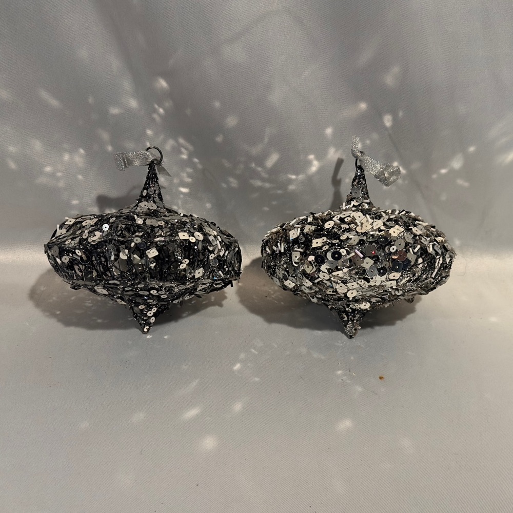 Vintage Large Christmas Top Ornaments Modern Black Silver Sequin Glitter-A Pair